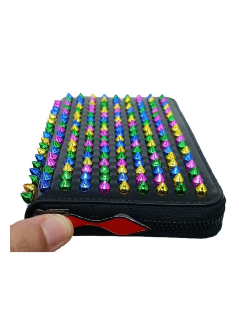 $1299 CHRISTIAN LOUBOUTIN Black Patent Leather Multicolor Spiked Studded Wallet